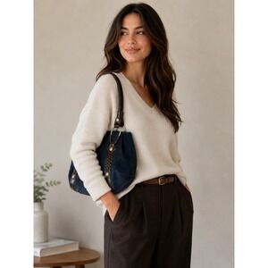 Brighton Navy Blue Suede Brown Croc Trim Braided Handle Shoulder Bag D516474